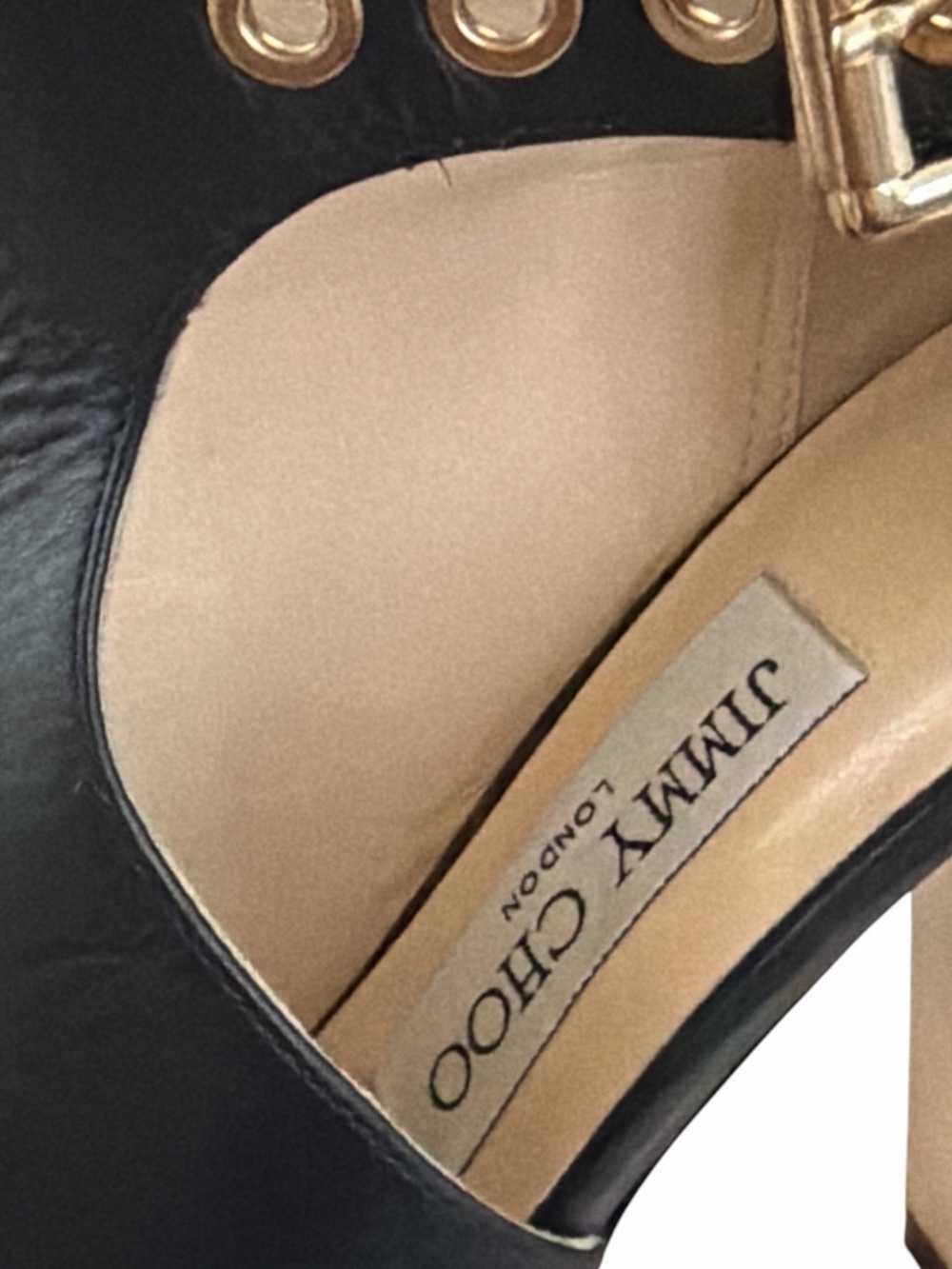 Jimmy Choo Black Leather Gold Accent Open Toe Ankle Booties Heels Size 35 / US 5 - Picture 7 of 11